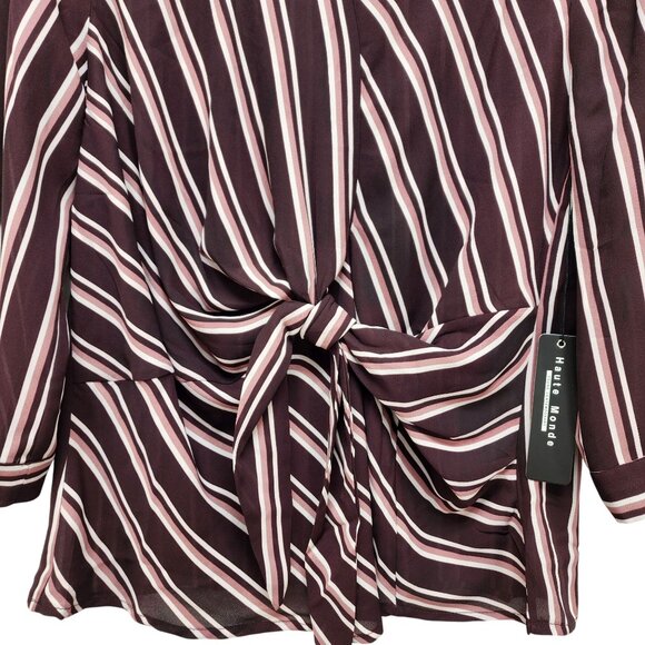 Haute Monde Womens Striped Burgundy Pink Tie Front Blouse Top 3/4 Sleeves Size M - Picture 7 of 10